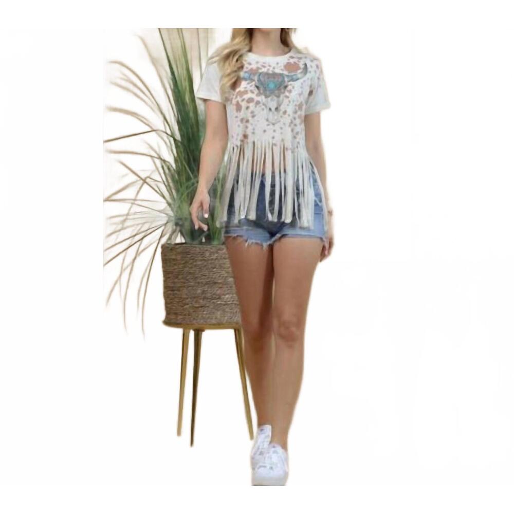 NEW AVERY APPAREL western longhorn cow print fringe top in multi